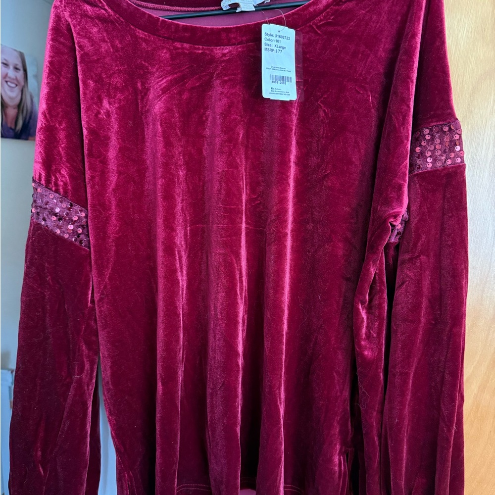 Elegant Velvet Long Sleeve Top - Red